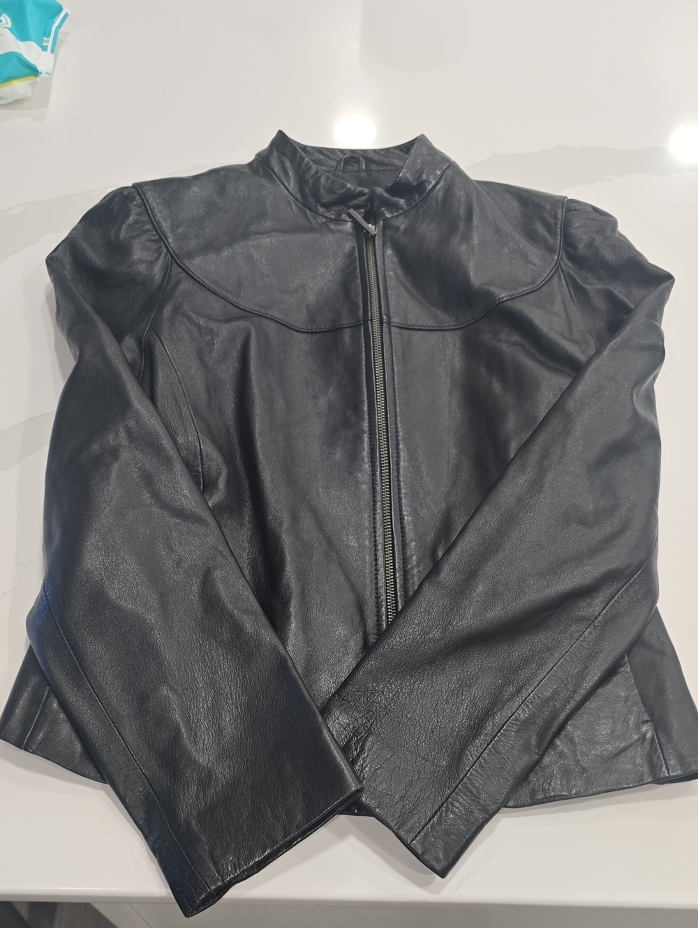 Moda International Vintage Black Leather Puff Sleeve Jacket Size Small